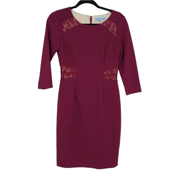 ANTONIO MELANI Dresses & Skirts - Antonio Melani Burgundy 3/4 Sleeve Lace Sheath Dress Knee Length